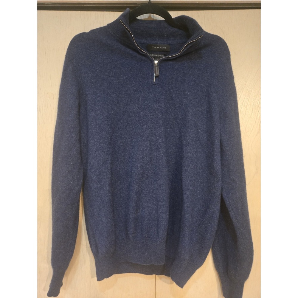 Tahari Pure Luxe 100% Cashmere Quarter Zip Sweater Men's Large Blue Luxury
